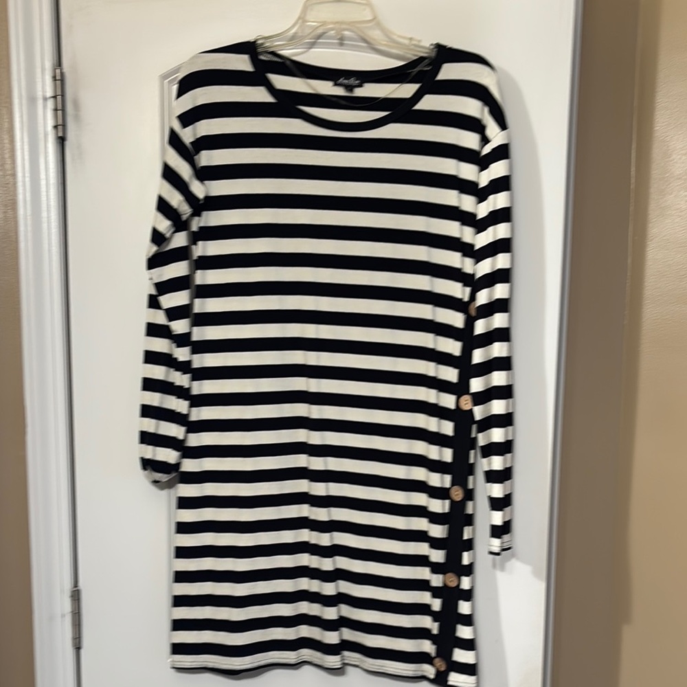Black and White Striped Dress with Button Detail